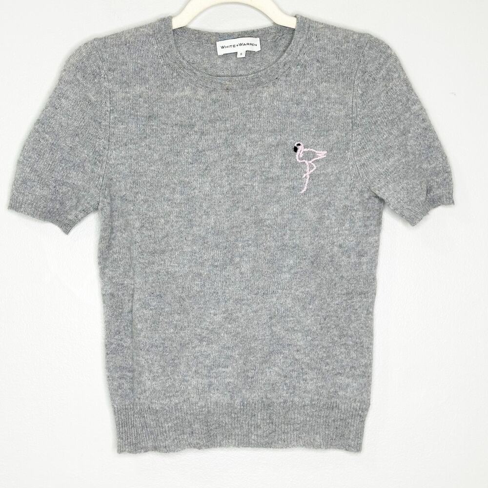 White + Warren Gray Short Sleeve Cashmere Sweater with Pink Embroidered Flamingo